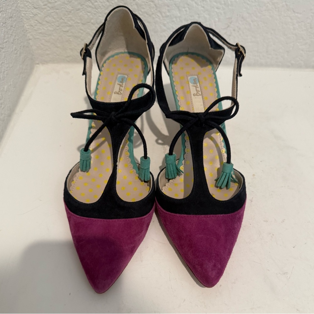 Boden Alice Suede Amethyst Navy Turquoise Tassel T-Strap Pointed Toe Heels EU 37 - Picture 2 of 8